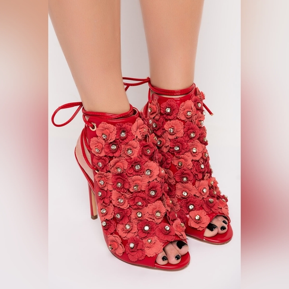 Akira Vigo Fiore Sexy Red Floral Rhinestone Stiletto Heels Sz 11 Party Cocktail - Picture 3 of 12